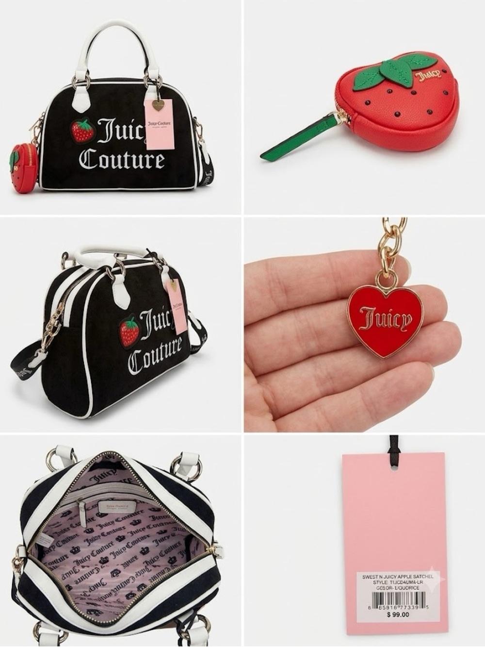 NWT Exclusive Juicy Couture Black Satchel w/ Strawberry Coin Purse & White Trim! - Picture 5 of 5